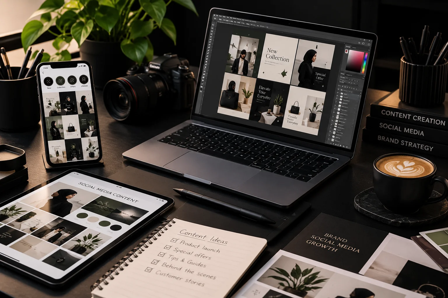 moody social media design workspace
